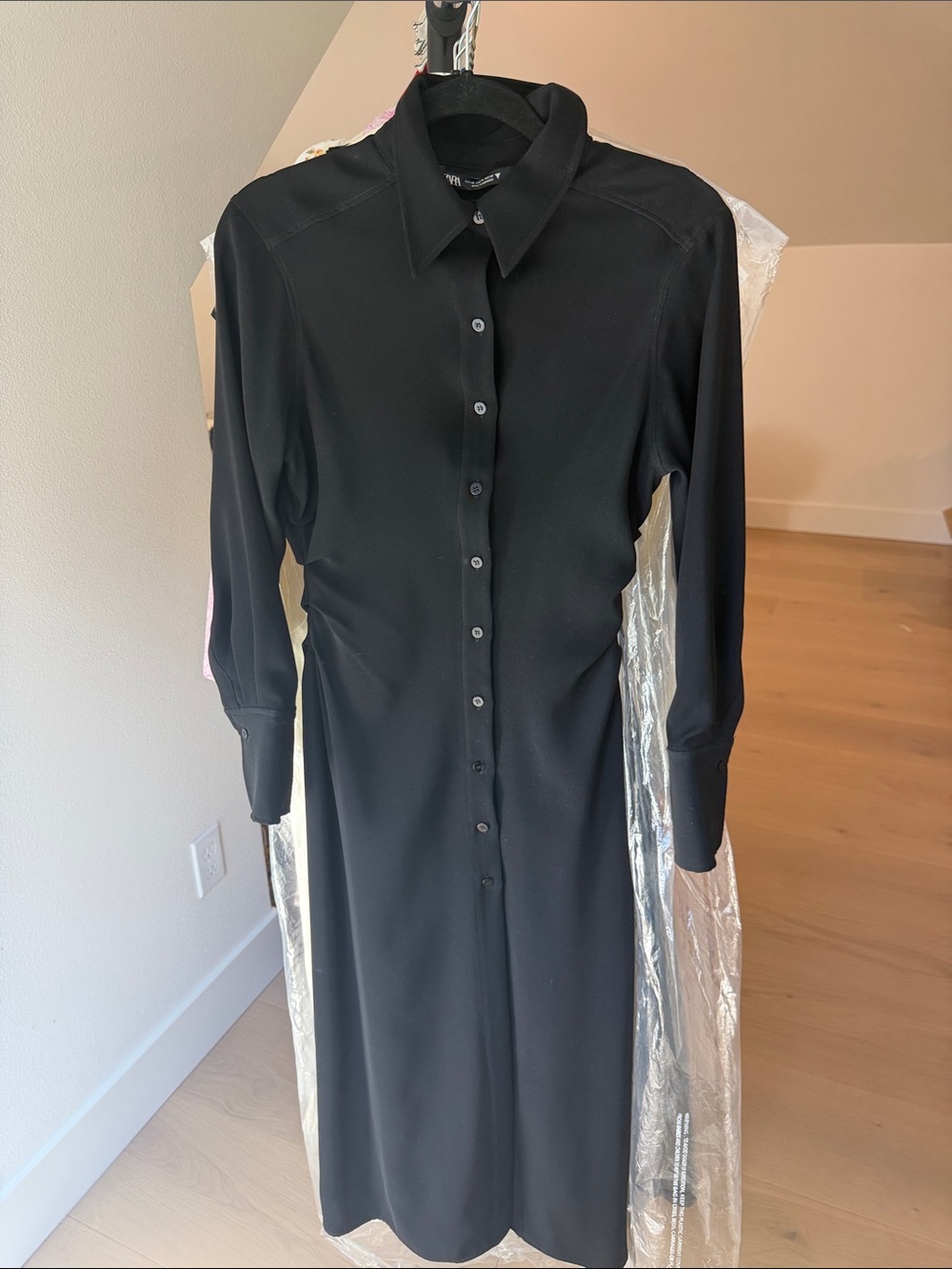 Zara Black Long-Sleeve Button-Front Shirt Dress